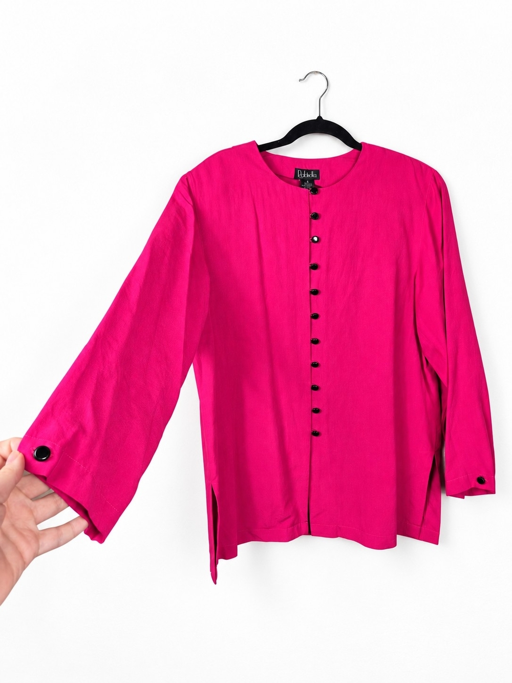 Vintage 90s Hot Pink Silk Blouse Black Buttons Shoulder Pads Power Dressing M